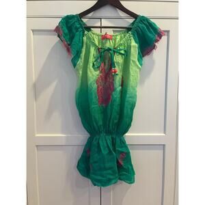 Vanita Rosa women top sz.M green flutter sleeves lace 100% linen France